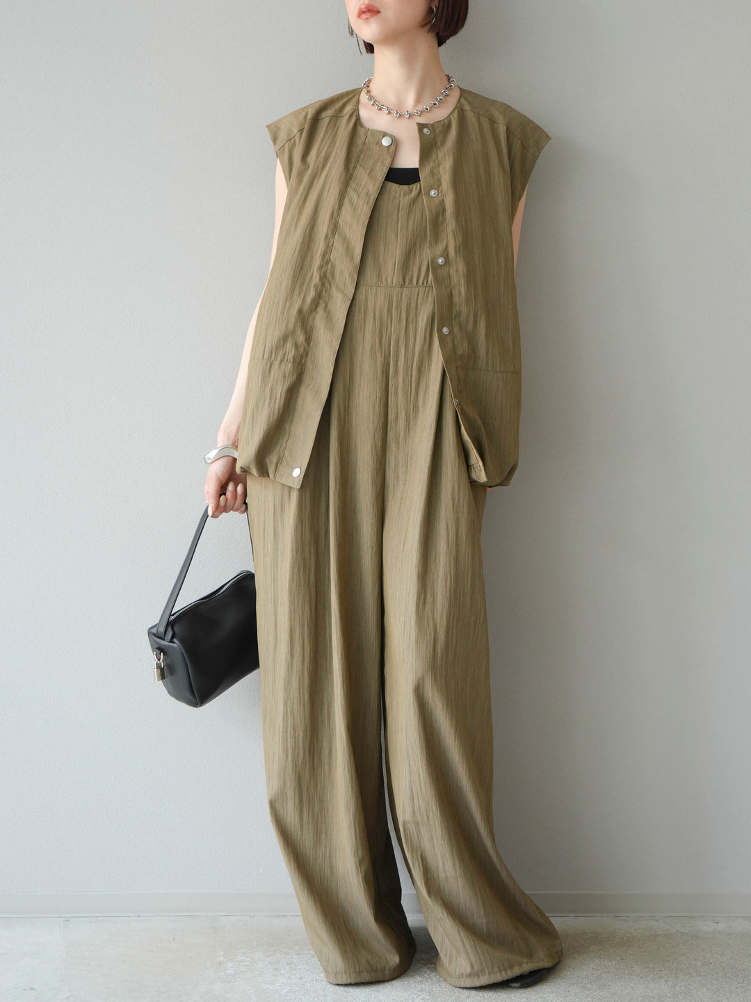 [SET]リネンライクビスチェデザインサロペット+リネンライクドロストバルーンブルゾン(2set)
