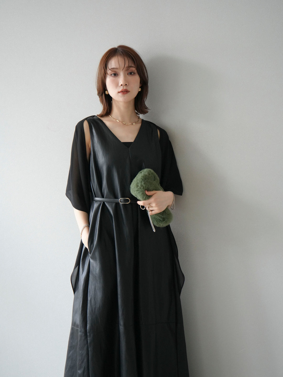 [予約]レザーAラインワンピース/ブラック