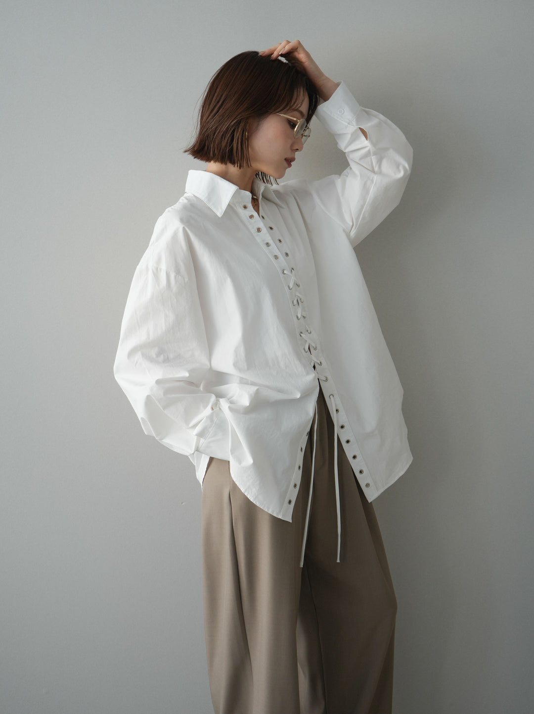 [SET]レースアップブロードシャツ+ベルト付キーホルダーモチーフワイドパンツ(2set)