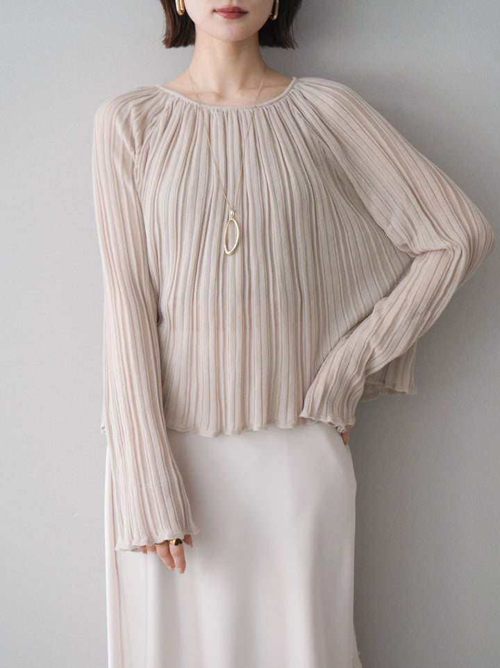 [予約]プリーツシアーフレアスリーブニットトップス/beige