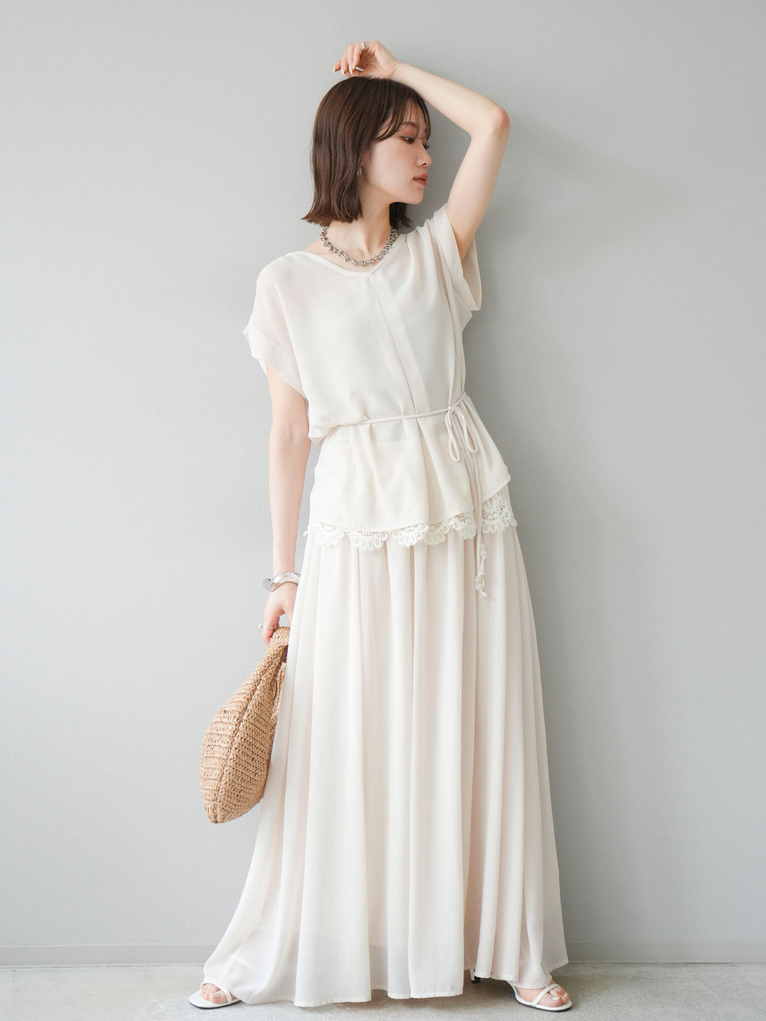 [SET]シフォンブラウス＆レースデザインフレアスカートSET UP(2set)