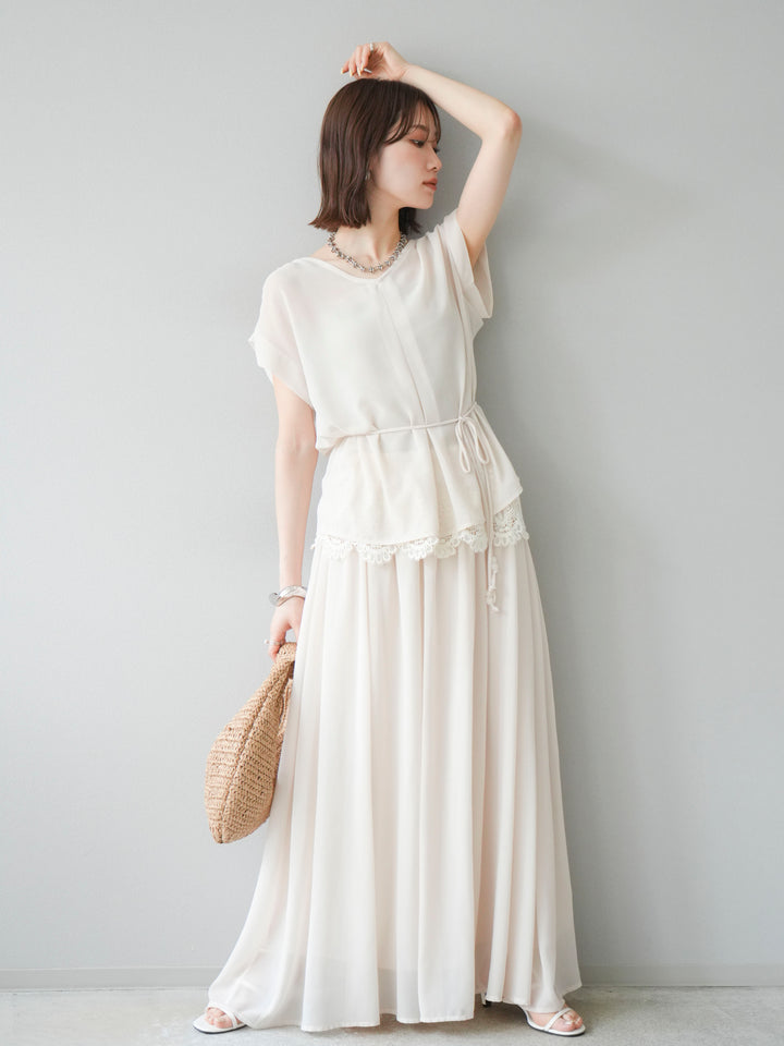 [SET]シフォンブラウス＆レースデザインフレアスカートSET UP(2set)