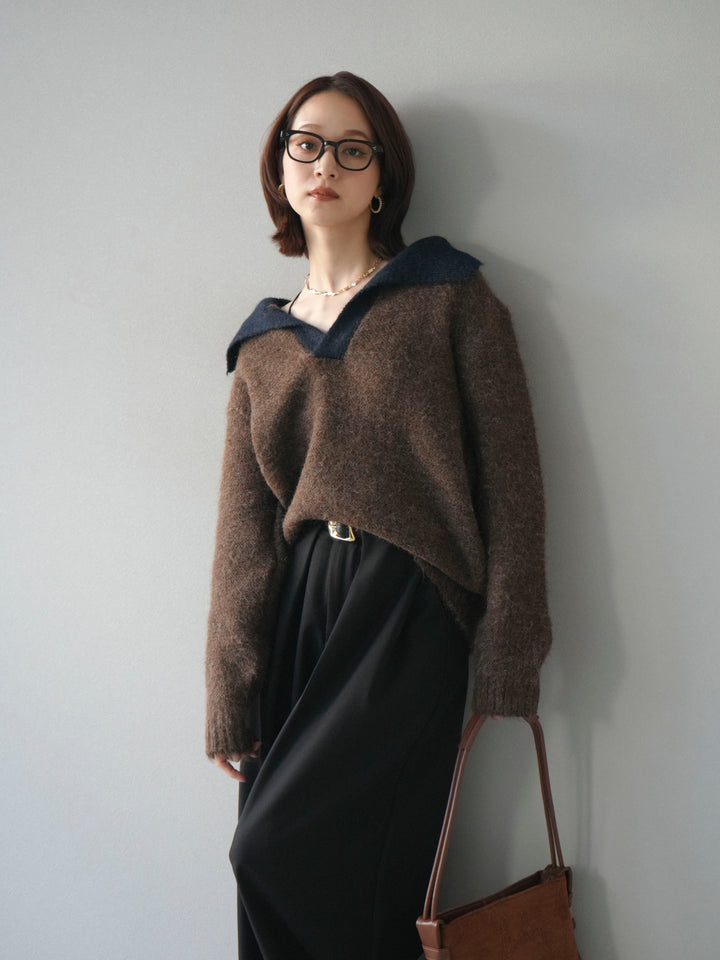 [SET]バイカラー襟付きニットプルオーバー+ベルトループデザインワイドパンツ(2set)