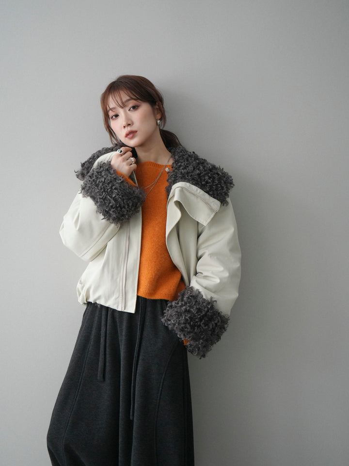 [SET]プードルファーダウンジャケット+アンゴラタッチボートネッククロップドプルオーバー+ウエストベルトカーブラインスエットパンツ(3set)