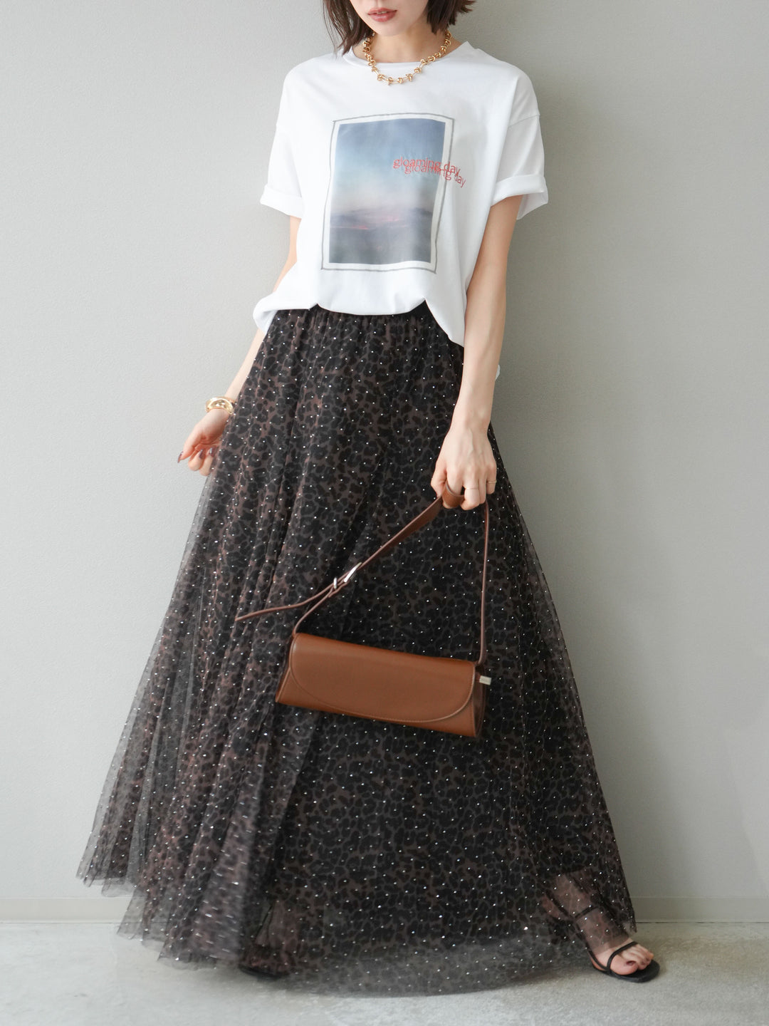 [予約]チュールレイヤードプリントTシャツ/オフ