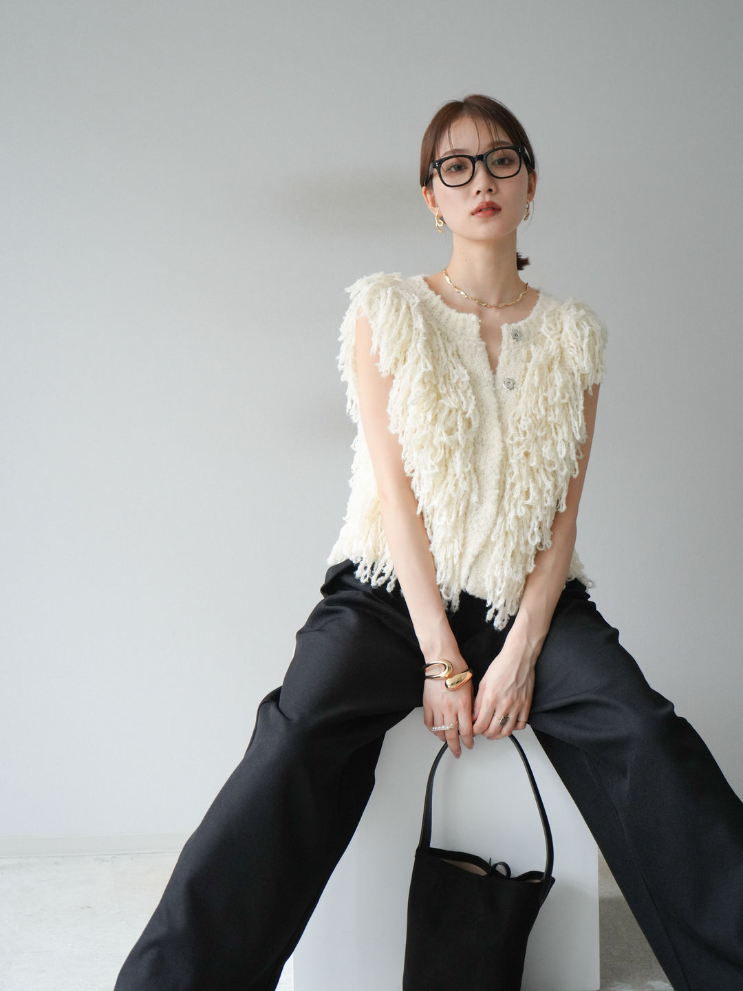 [予約]フリンジループニットベスト/アイボリー