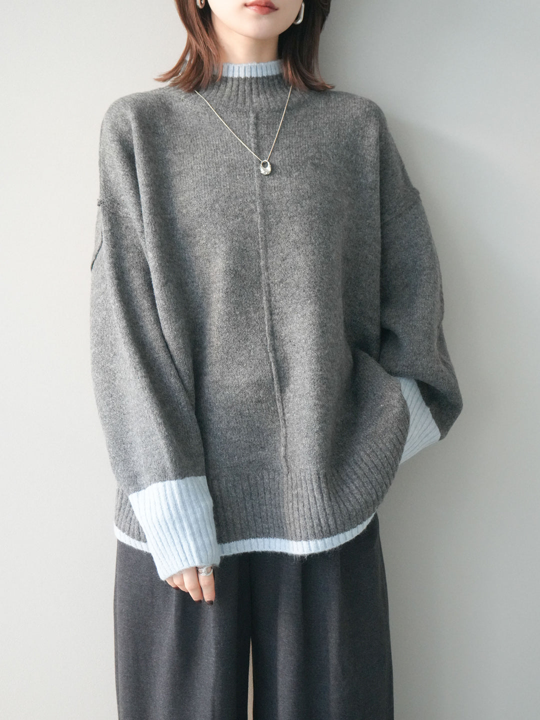 [SET]配色ハイネックニットプルオーバー+選べるアクセセット(2set)