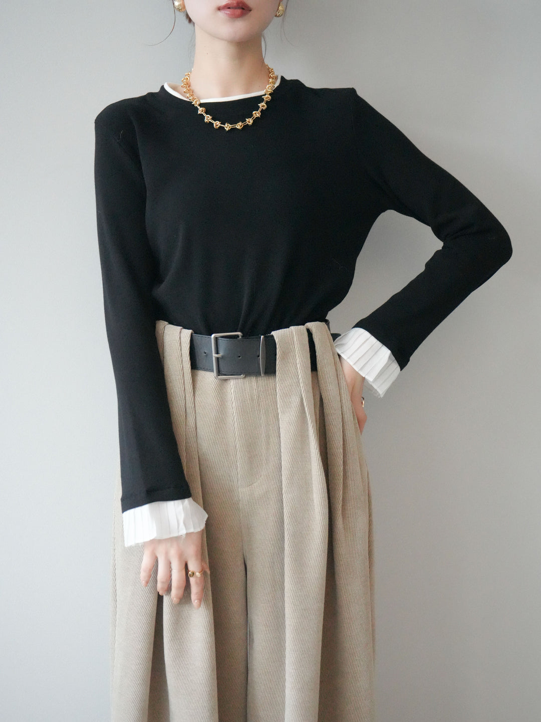 [予約]袖プリーツ配色レイヤードトップス/black