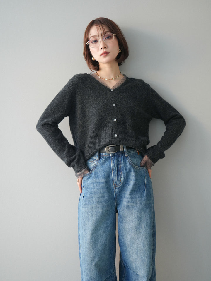 [SET]ドットチュールレイヤードボタンニットトップス+選べるアクセセット(2set)