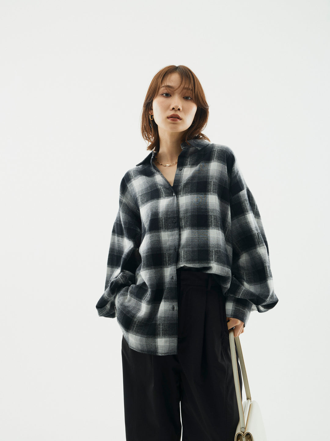 【Allure】[SET]オンブレチェックオーバーシャツ+タフタワイドカーブパンツ(2set)