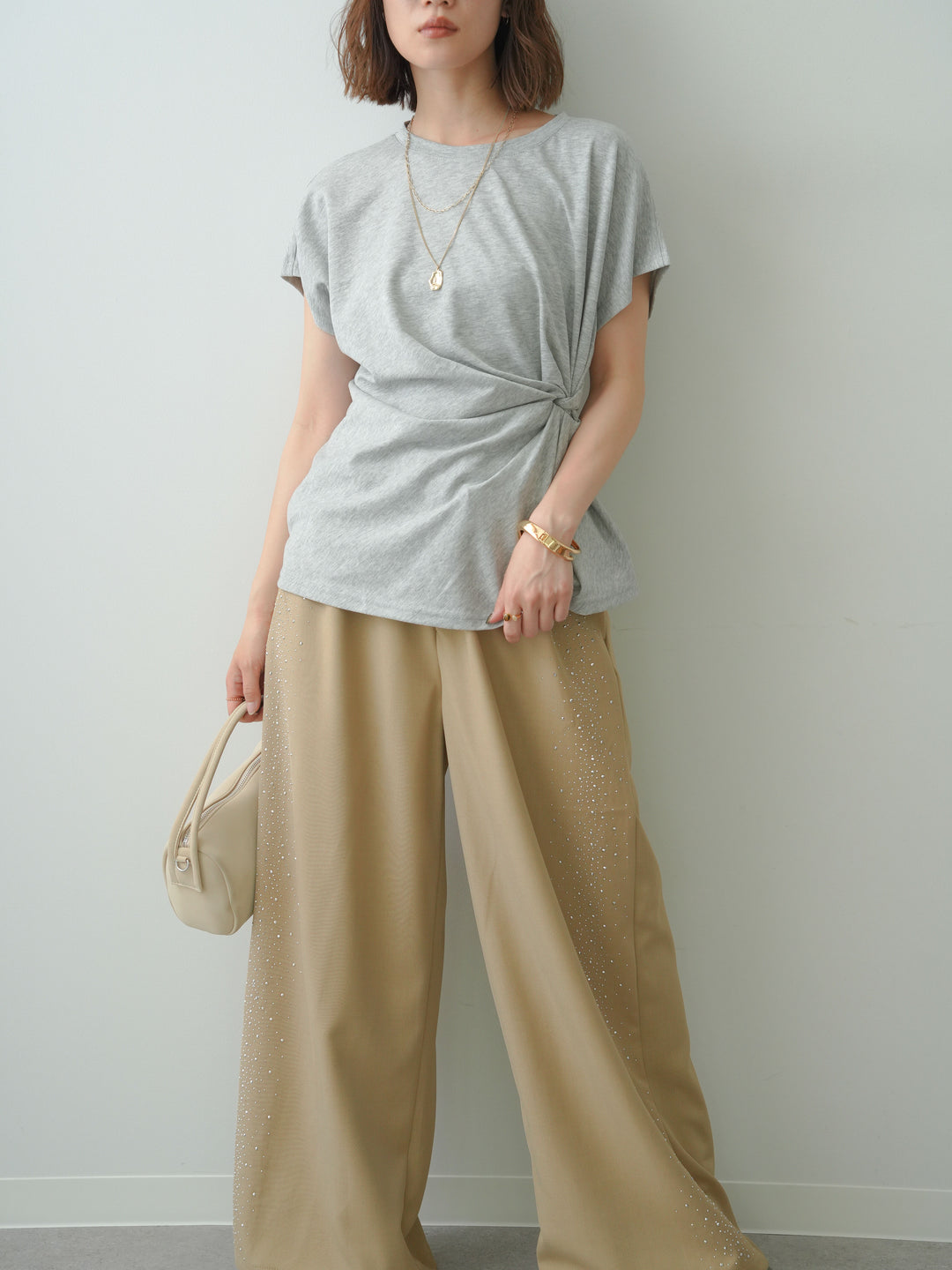 [SET]サイドノットTEE+ポーチベルト付サイドビジュータックワイドパンツ(2set)