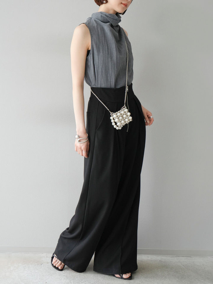 [SET] 後繫帶無袖上衣 + 拉鍊褶襉寬褲 (2 套)