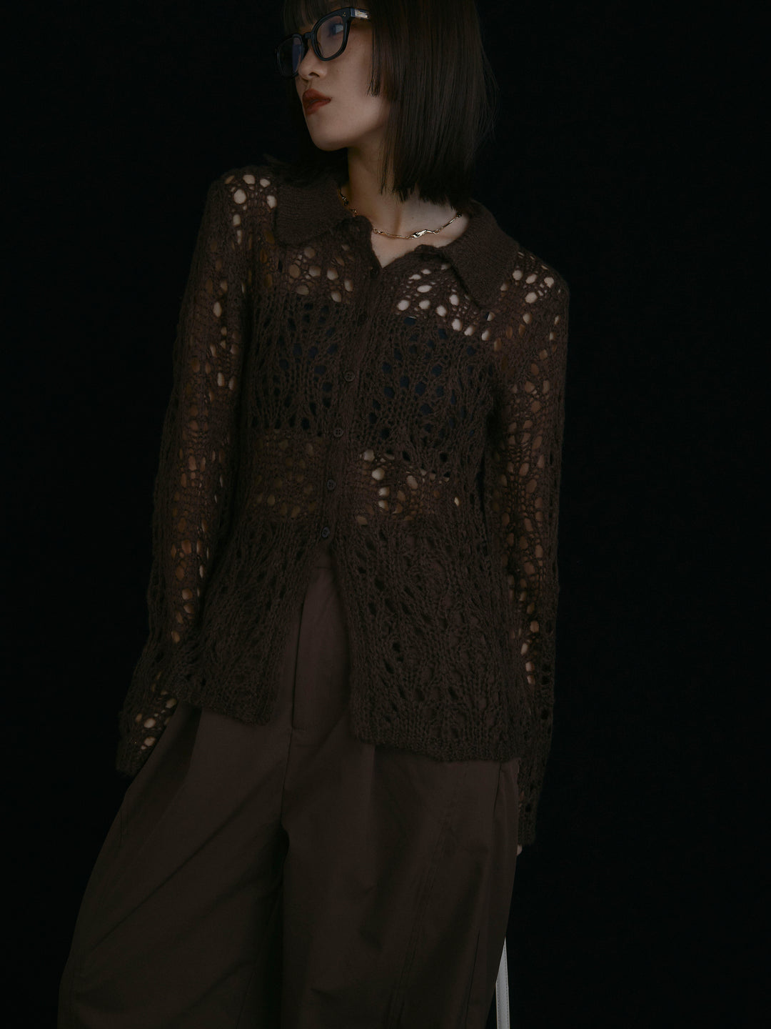 [予約]ローゲージ透かし編みポロニッカーディガン/ブラウン
