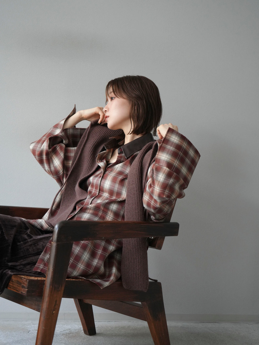 [予約]レザー襟オンブレチェックオーバーシャツ /レッド