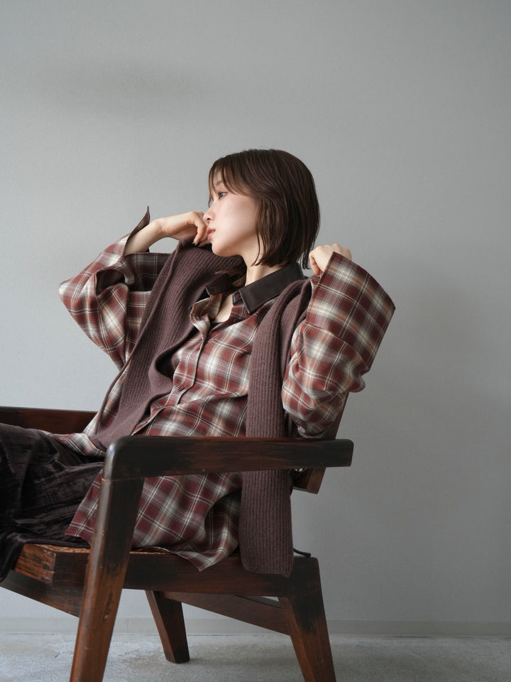[予約]レザー襟オンブレチェックオーバーシャツ /レッド