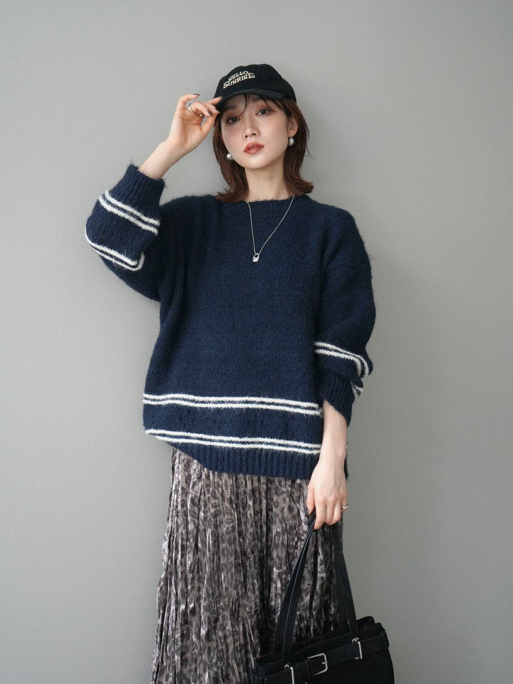 [予約]クルーネックラインボーダーニットプルオーバー/navy