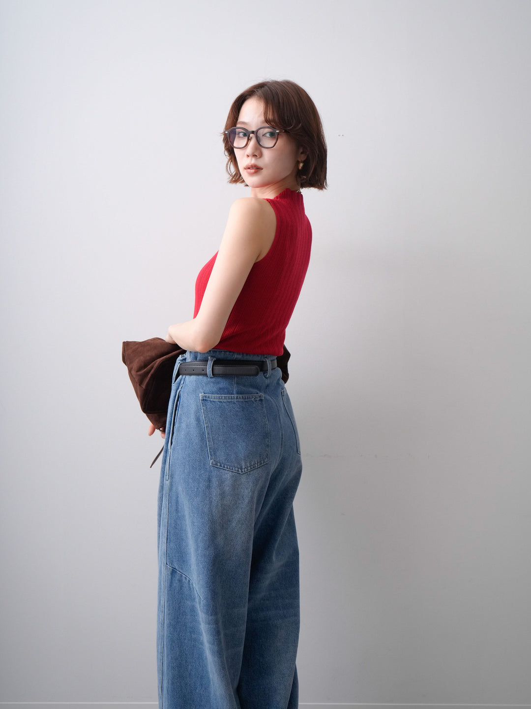 [予約]ランダムリブハイネックノースリニットトップス/red