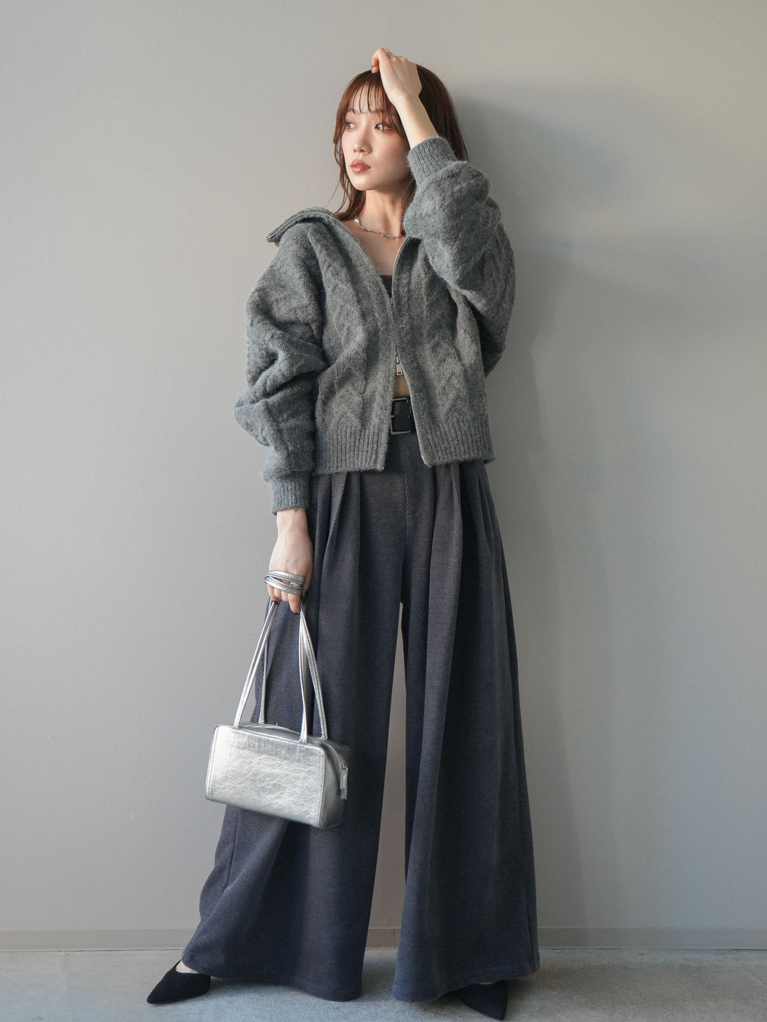 [SET]ケーブル編みハイネックZIPニットカーディガン+ベルトデザインループコールテンワイドパンツ(ベルト付き)(2set)