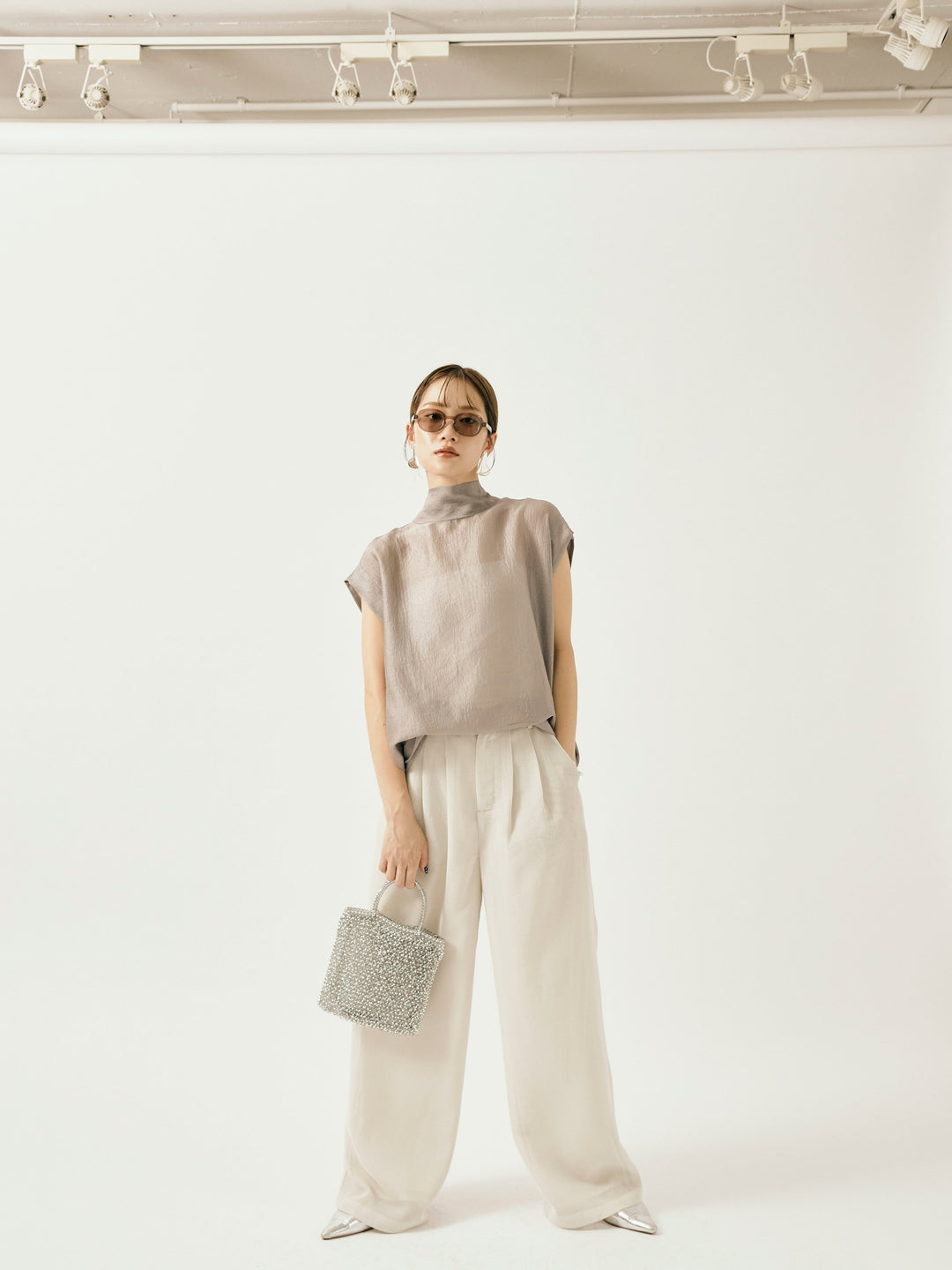 【Allure】[SET]シャイニーシアーブラウス+メッシュタックワイドパンツ(2set)