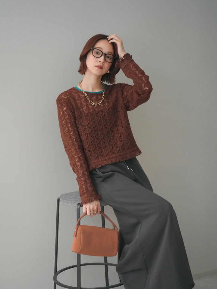 [予約]扇透かし編みクロップドニットプルオーバー/brown