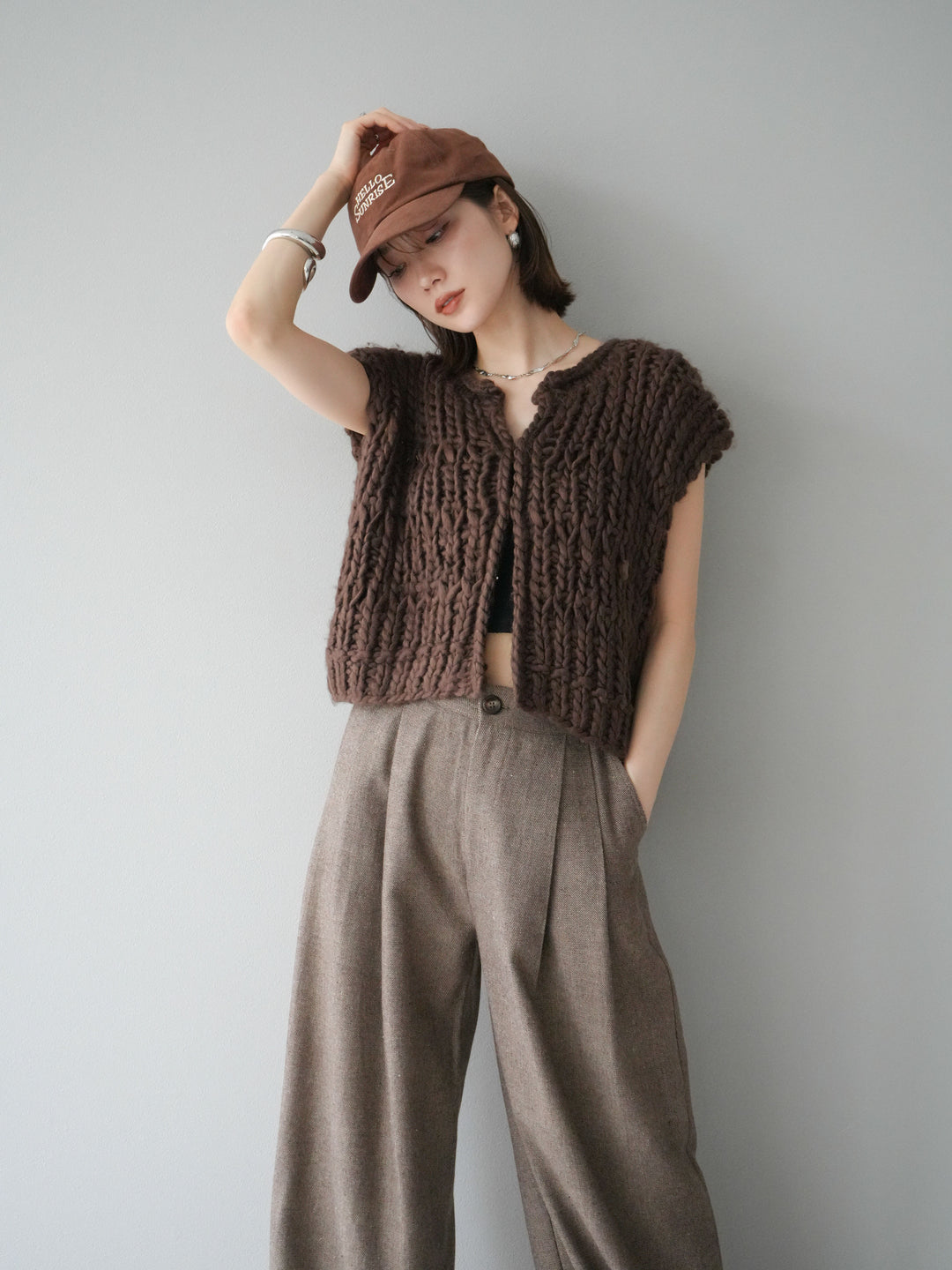 [SET] 手編繩結背心+粗花呢觸感褶皺寬褲（2件組）