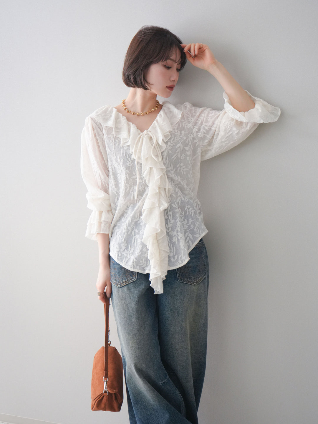 [SET]ラッフルレーススリットブラウス+選べるアクセセット(2set)