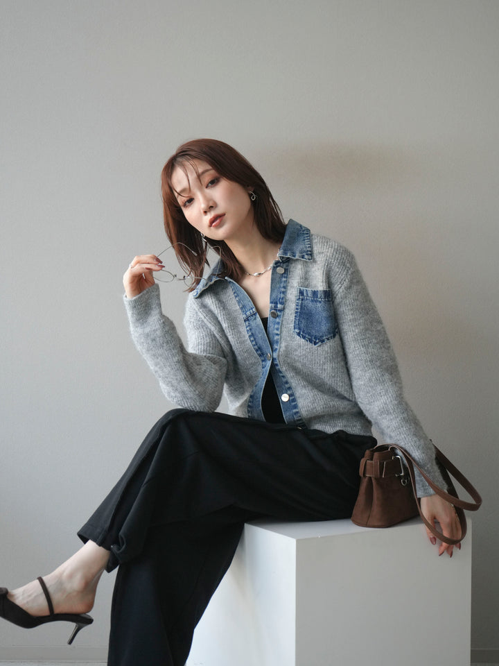 [予約]デニム襟ポケットニットカーディガン/gray