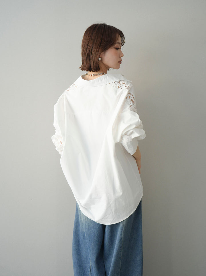 [SET]アームレースブロードシャツ+フロントビジューカーブデニムパンツ(2set)