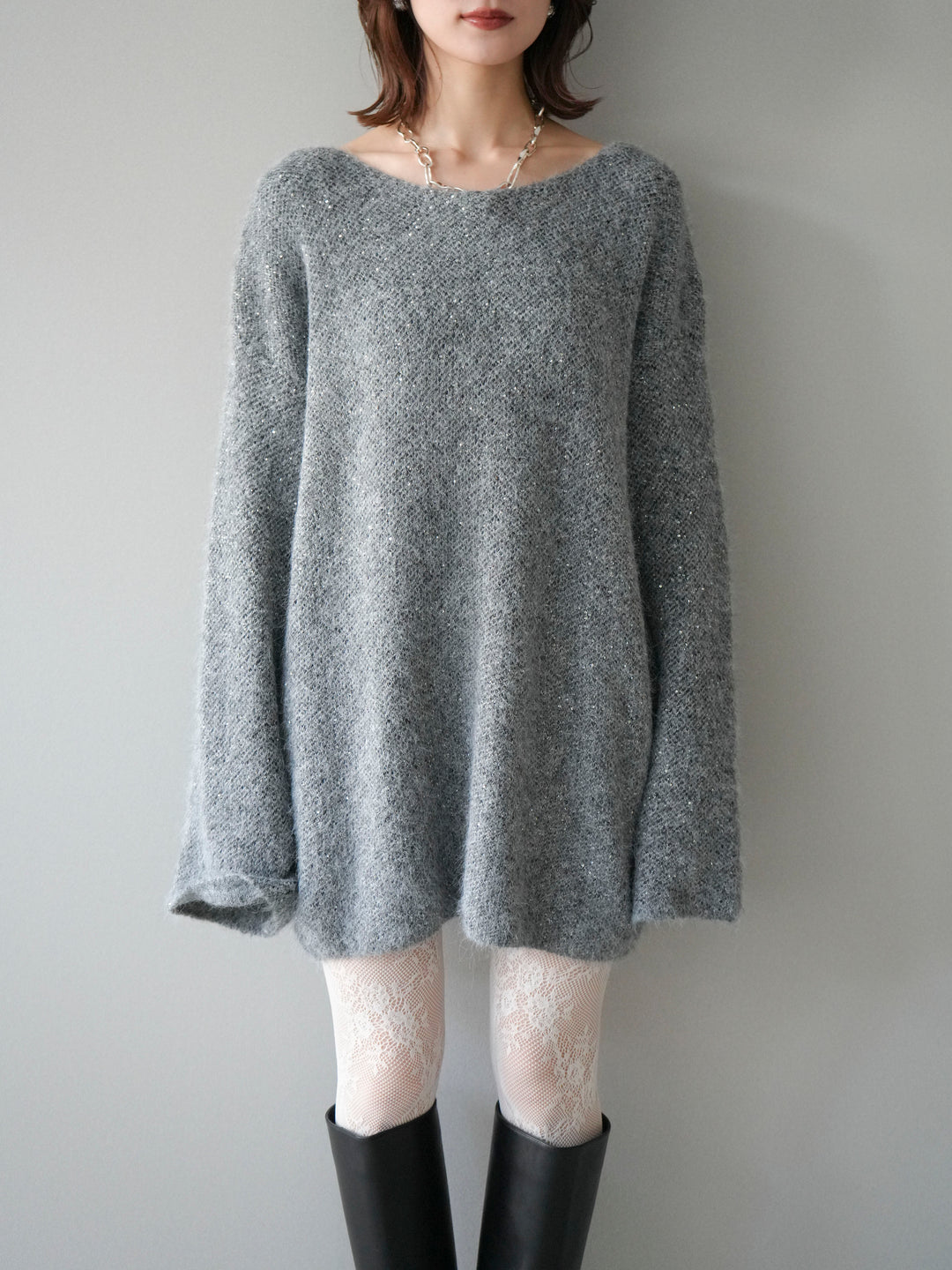 [予約]スパンコールミニシャギーニットチュニック/gray