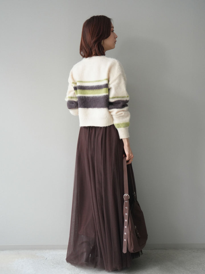 [SET]ソフトタッチボーダークロップドニットプルオーバー+チュールボリュームスカート(2set)