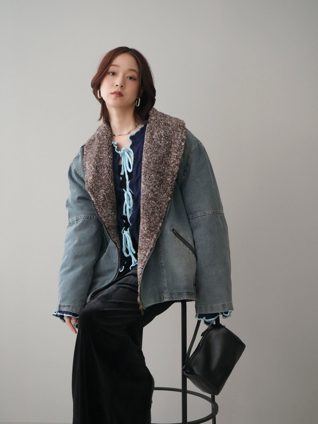 [SET]ミックスボアデニムジャケット+フロントリボン配色メローニットカーディガン(2set)