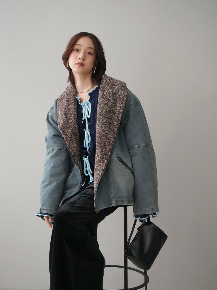 [SET]ミックスボアデニムジャケット+フロントリボン配色メローニットカーディガン(2set)