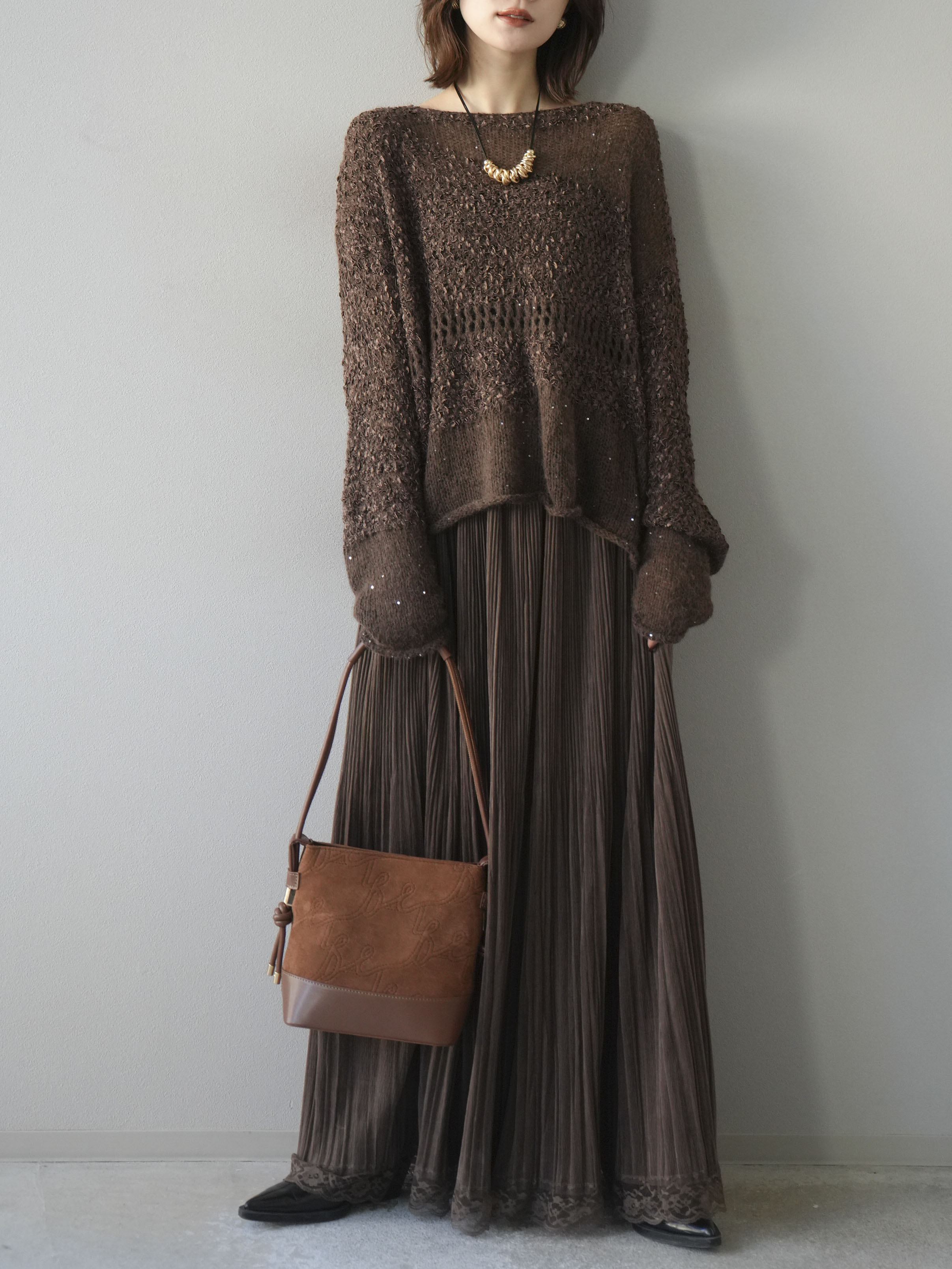 予約]ミックスヤーンデザイン編みメッシュニットプルオーバー/ブラウン