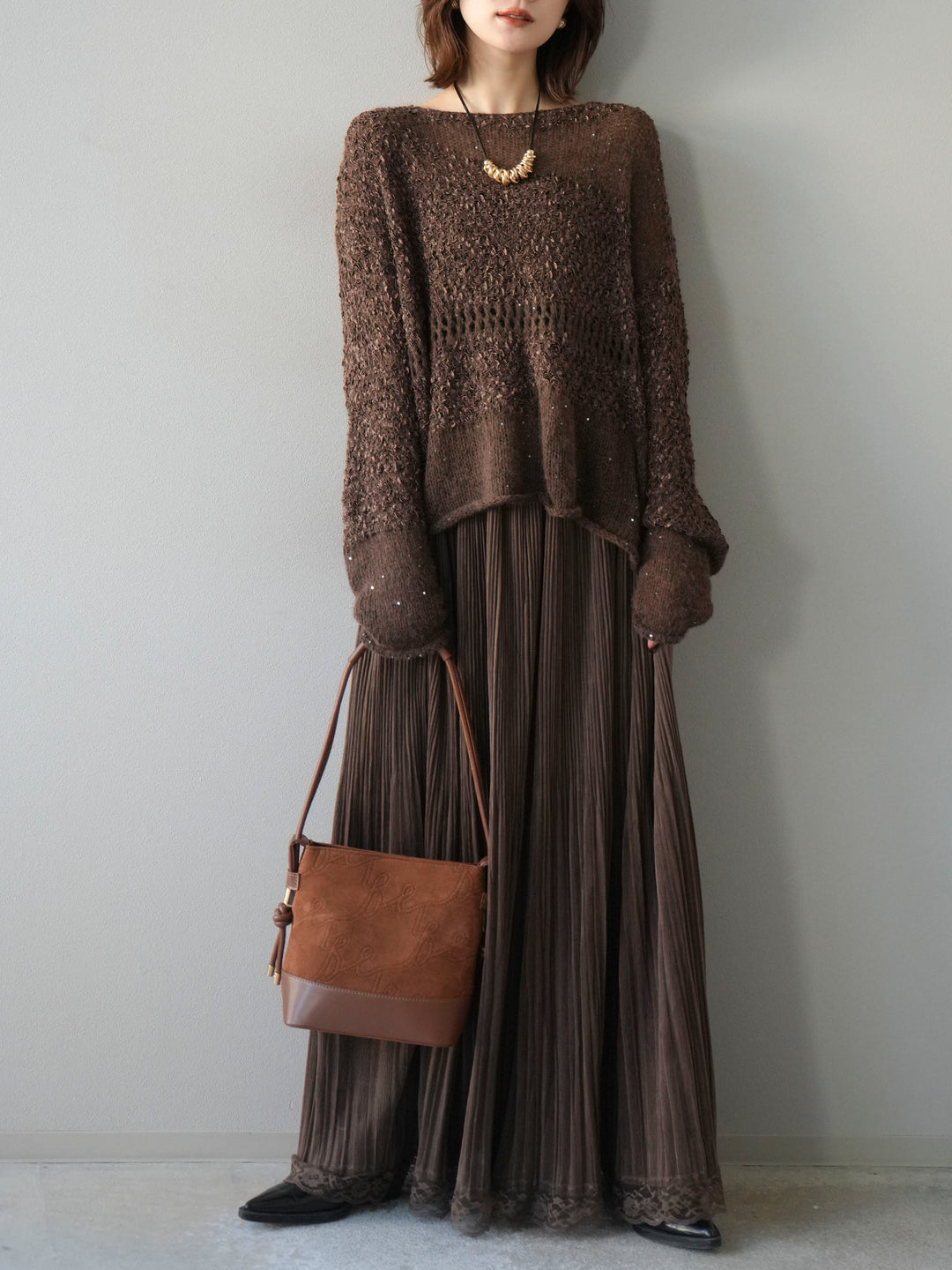 [予約]ミックスヤーンデザイン編みメッシュニットプルオーバー/ブラウン