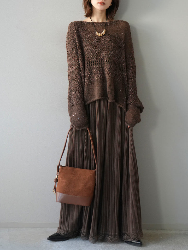 [予約]ミックスヤーンデザイン編みメッシュニットプルオーバー/ブラウン