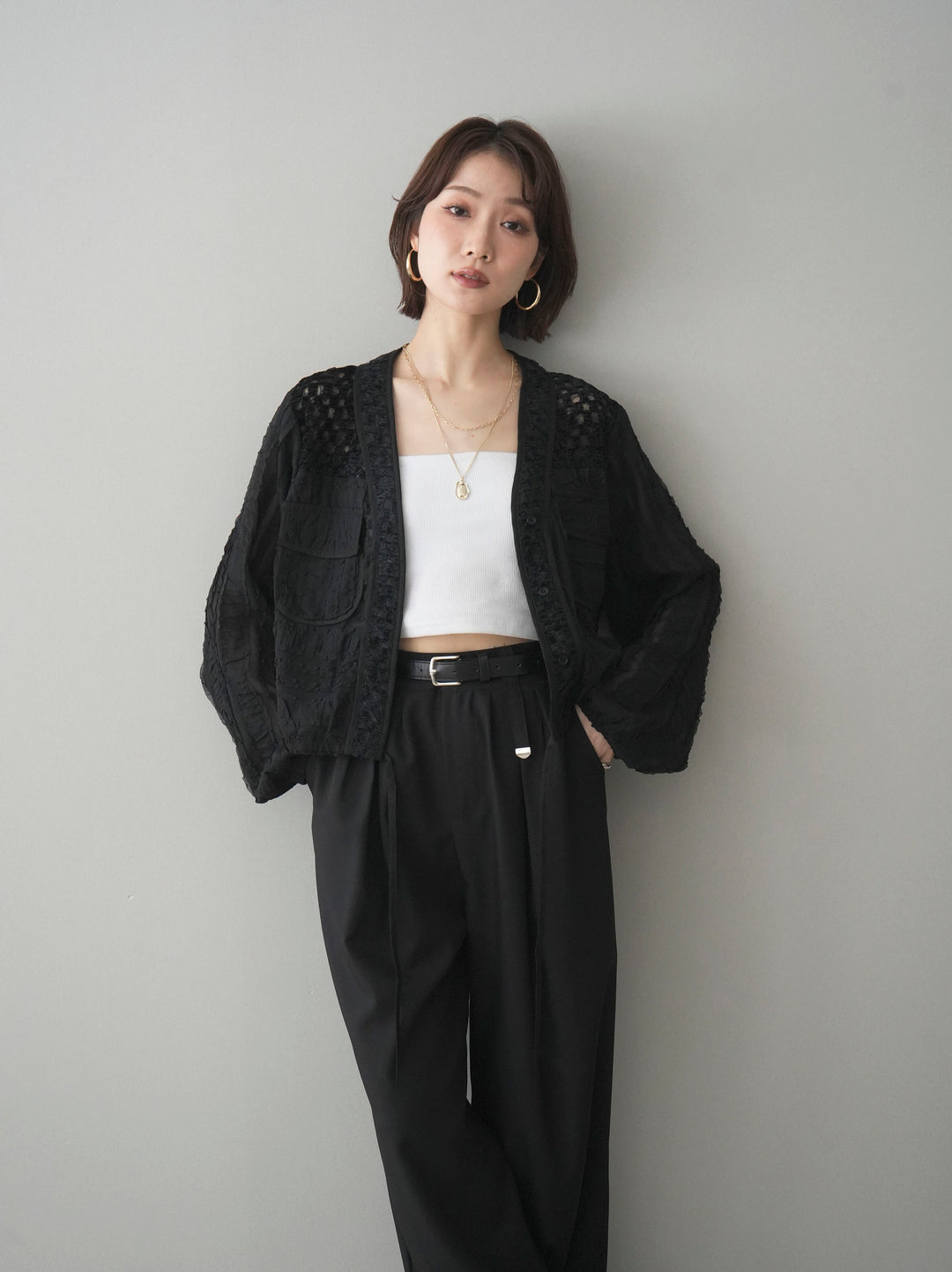 [SET]パッチワークシアーフリルブルゾン+選べるアクセセット(2set)