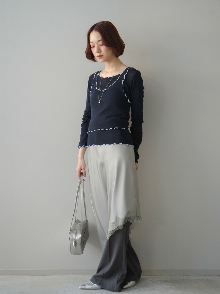 [SET]バイカラーメローアンサンブルシアーニットトップス+センターシームフレアパンツ+サテンライクアシメレーススカート(3set)