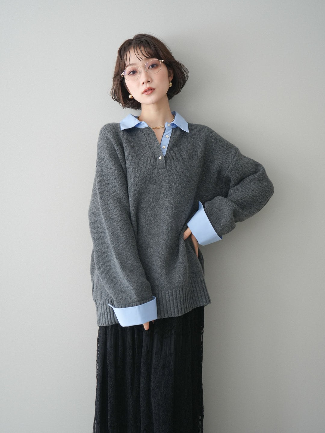 [予約]シャツドッキングオーバーニットプルオーバー/charcoalsax