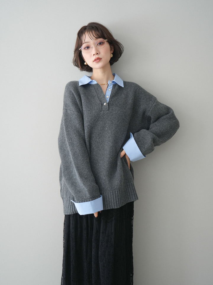 [予約]シャツドッキングオーバーニットプルオーバー/charcoalsax