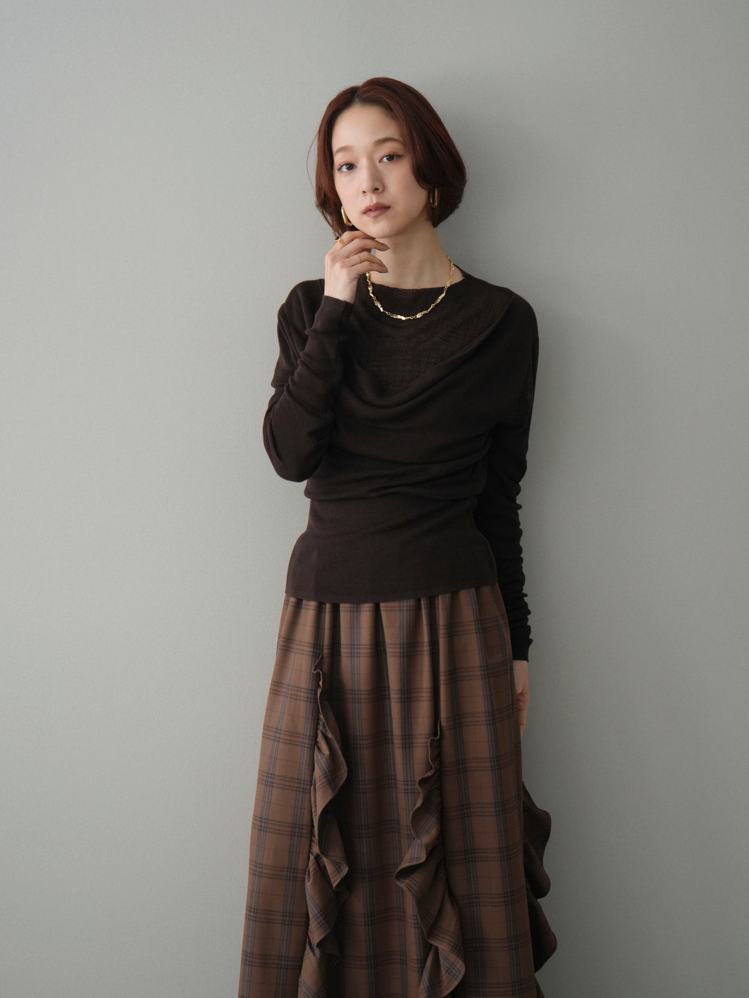 [予約]ボトルネックドレープレイヤードニットトップス/brown