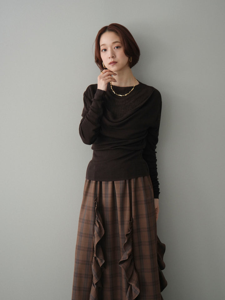 [予約]ボトルネックドレープレイヤードニットトップス/brown