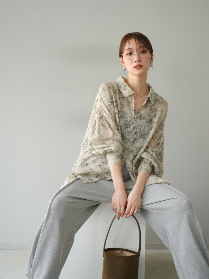 [予約]ニュアンスフリンジジャガードボリュームスリーブブラウス/ベージュ