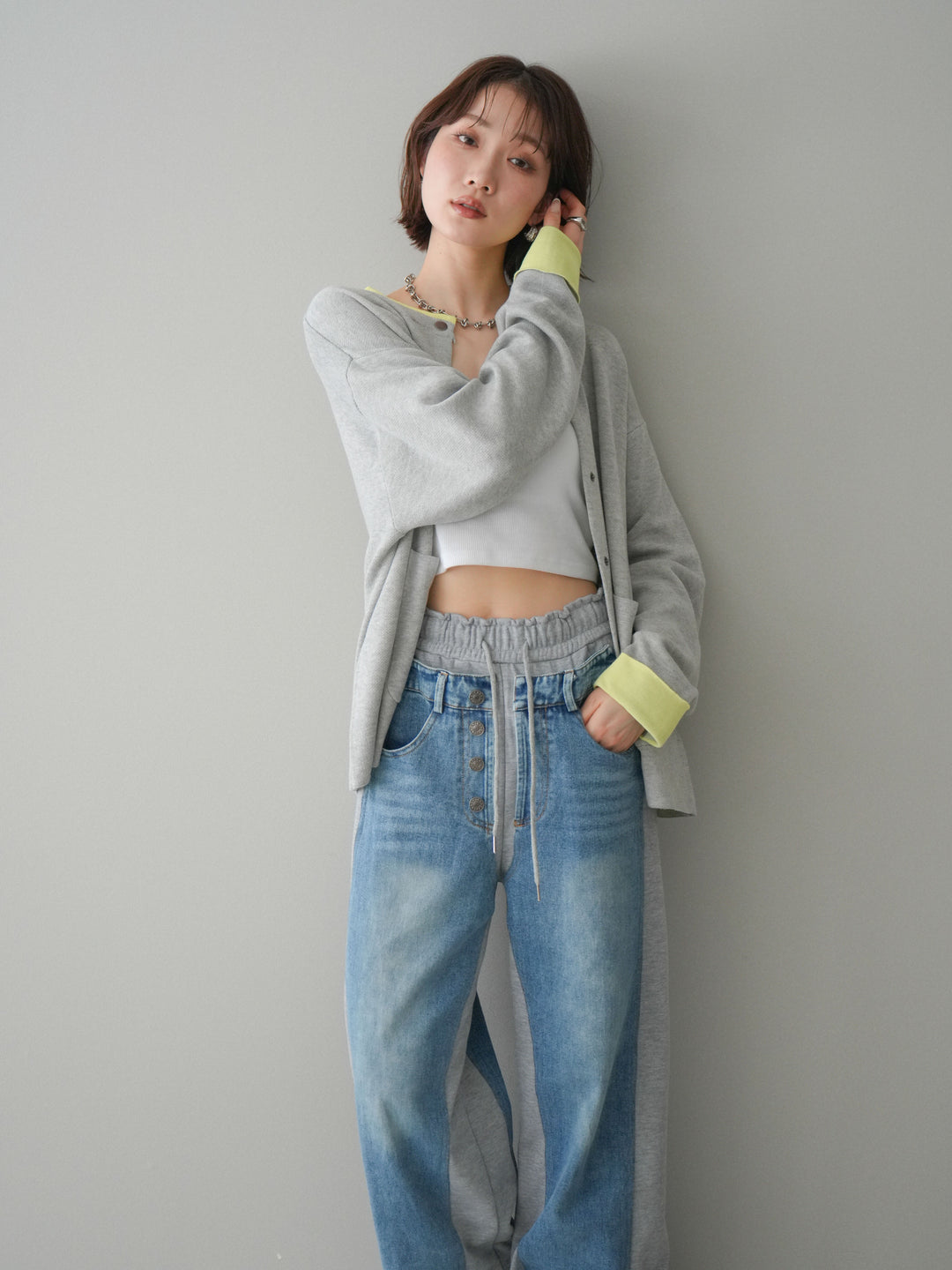 [SET]バイカラーオーバーニットカーディガン+デニム切替スウェットパンツ(2set)