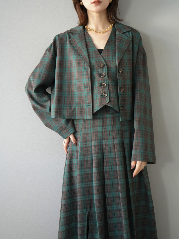 [SET]チェック柄ショートジャケット+チェック柄ベスト+チェック柄タックフレアスカート(3set)