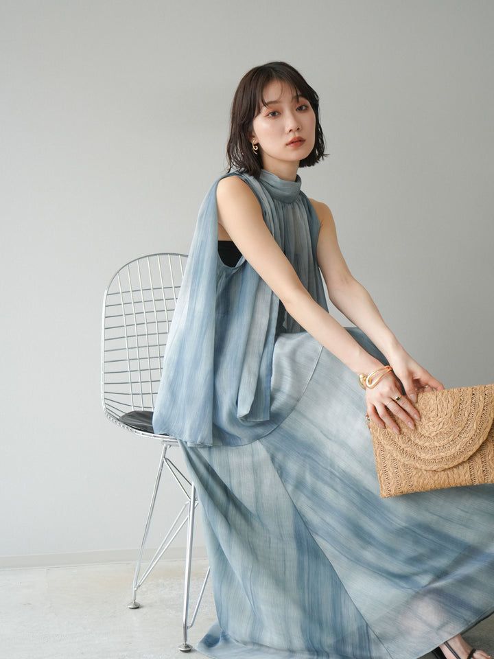[SET]ニュアンスシアーホルターネックブラウス+ニュアンスシアーフレアスカート(2set)