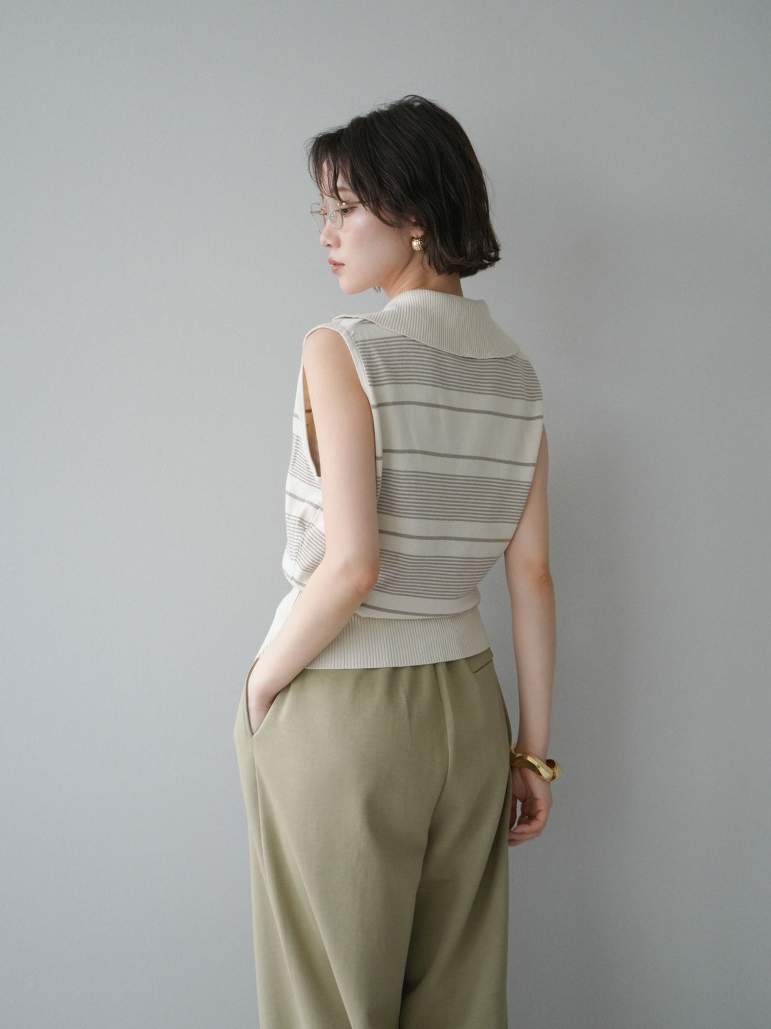 [予約]ボーダースリットニットトップス/ivory
