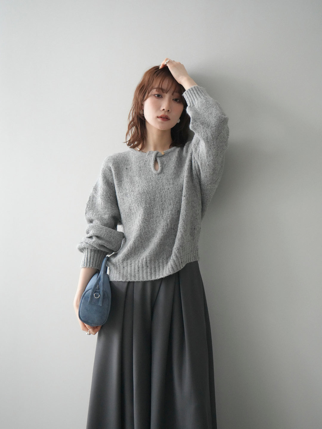 [予約]ツイストネックラメネップヤーンニットプルオーバー/gray