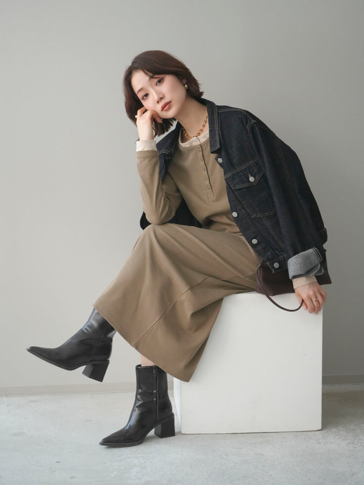 [SET]配色レイヤードヘンリーネックカットリブワンピース+配色レイヤードヘンリーネックカットリブワンピース(2set)