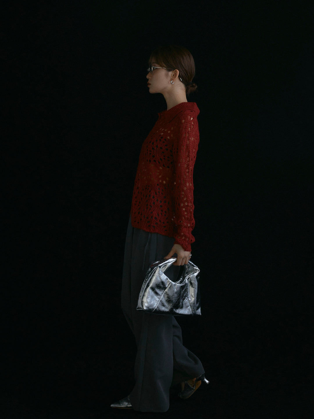 【Allure】[SET]ローゲージ透かし編みポロニッカーディガン+ラップデザインタックワイドパンツ(2set)