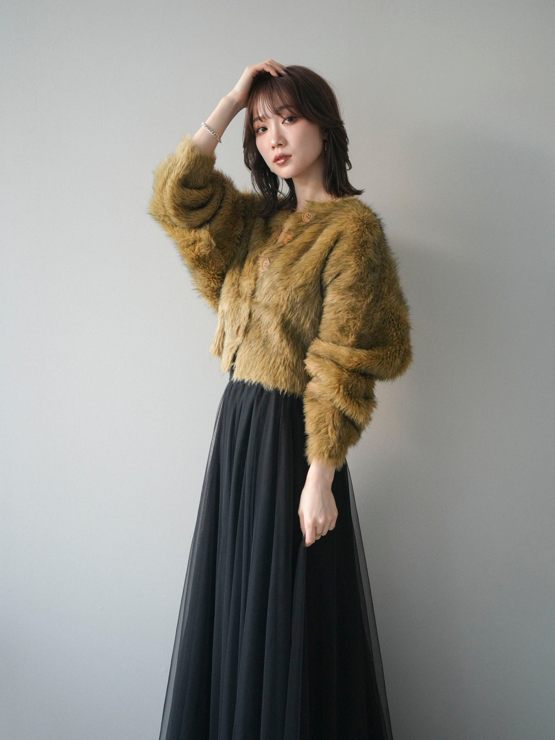 [予約]ミックスシャギーショートニットカーディガン/green